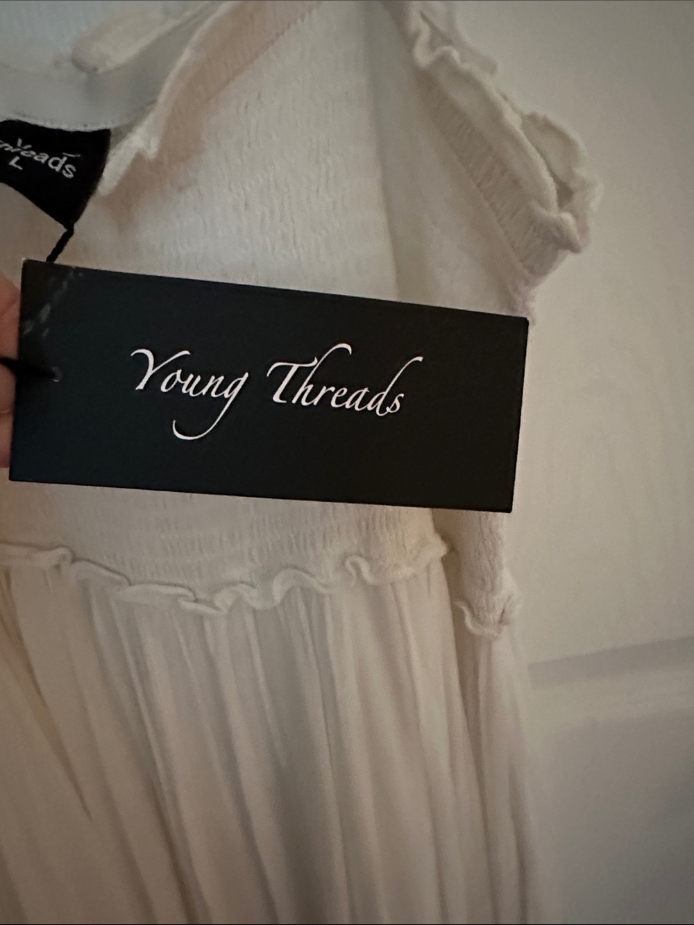 YOUNG THREADS - NWT White Tie-Shoulder Smocked Maxi/Midi Dress - Picture 3 of 8